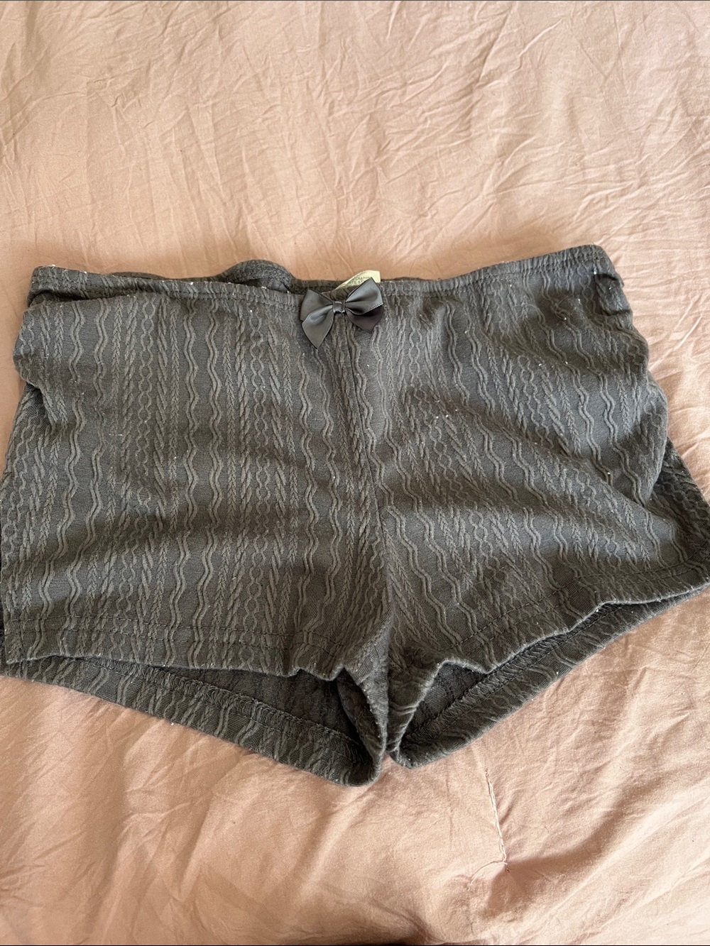 SHEIN Dark Gray Lace-Texture Lounge Shorts with Bow